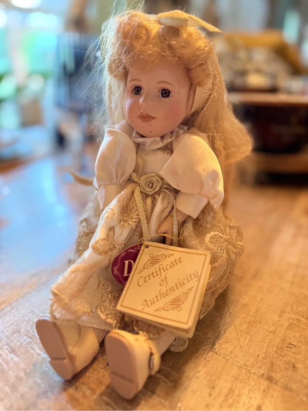 Porcelain Music Box Doll in Cream Lace Dress - Name Debbie (collectible)